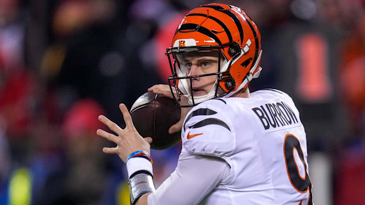 Cincinnati Bengals quarterback Joe Burrow (9) drops back to throw in the first quarter of the AFC championship NFL game between the Cincinnati Bengals and the Kansas City Chiefs, Sunday, Jan. 29, 2023, at Arrowhead Stadium in Kansas City, Mo. The Chiefs led 13-6 at halftime.

Cincinnati Bengals At Kansas City Chiefs Afc Championship Jan 29 139