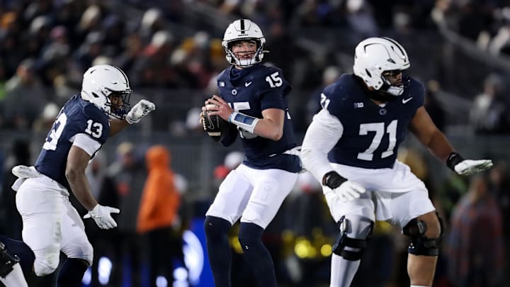  Penn State Nittany Lions quarterback Drew Allar (15) drops back to throw a pass against the Maryland Terrapins during the second quarter at Beaver Stadium.