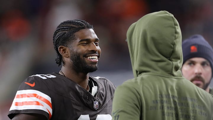 Cleveland Browns quarterback Shedeur Sanders (12) is all smiles as he chats on the sideline during the second half of an NFL football game at Huntington Bank Field, Nov. 16, 2025, in Cleveland, Ohio.