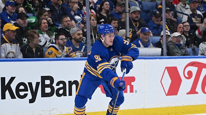Apr 15, 2026; Buffalo, New York, USA; Buffalo Sabres right wing Josh Doan (91) controls the puck in the second period against the Dallas Stars at KeyBank Center. Mandatory Credit: Mark Konezny-Imagn Images
