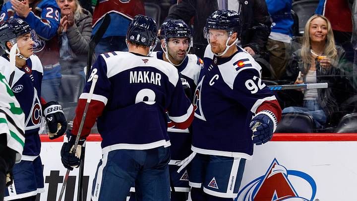 Oct 14, 2026; Denver, Colorado, USA; Colorado Avalanche left wing Gabriel Landeskog (92) celebrates his goal with defenseman Cale Makar (8) and center Nazem Kadri (91) in the second period against the Dallas Stars at Ball Arena. Mandatory Credit: Isaiah J. Downing-Imagn Images Oct 14, 2026; Denver, Colorado, USA; Colorado Avalanche left wing Gabriel Landeskog (92) celebrates his goal with defenseman Cale Makar (8) and center Nazem Kadri (91) in the second period against the Dallas Stars at Ball Arena. Mandatory Credit: Isaiah J. Downing-Imagn Images