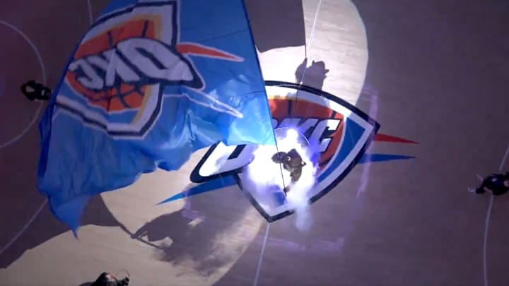 A shot of the court at Paycom Center as the Oklahoma City Thunder's starting lineups are broadcast