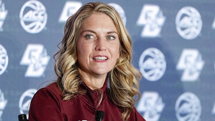 Oct 9, 2024; Charlotte, NC, USA; Boston College head coach Joanna Bernabei-McNamee during ACC Media Days at The Hilton Charlotte Uptown. Mandatory Credit: Jim Dedmon-Imagn Images Oct 9, 2024; Charlotte, NC, USA; Boston College head coach Joanna Bernabei-McNamee during ACC Media Days at The Hilton Charlotte Uptown. Mandatory Credit: Jim Dedmon-Imagn Images