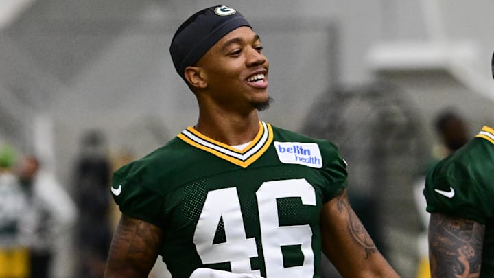 Jun 11, 2025; Green Bay, WI, USA;  Green Bay Packers corner back Tyron Herring (46) participates in the team's minicamp at Ray Nitschke Field. Mandatory Credit: Benny Sieu-Imagn Images
