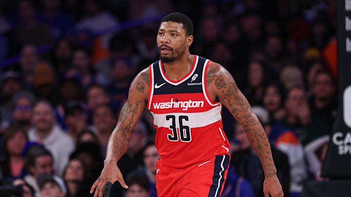 Mar 22, 2025; New York, New York, USA; Washington Wizards guard Marcus Smart (36) reacts after a basket against the New York Knicks during the second half at Madison Square Garden. Mandatory Credit: Vincent Carchietta-Imagn Images