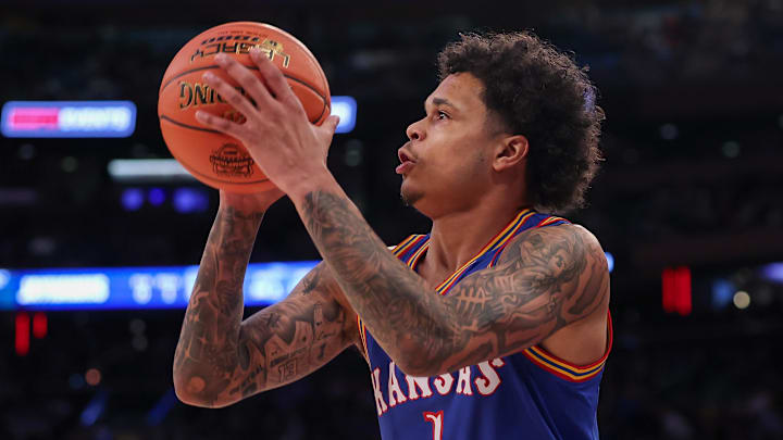 Nov 18, 2025; New York, New York, USA; Kansas Jayhawks guard Jayden Dawson (1) shoots the ball during the first half against the Duke Blue Devils at Madison Square Garden. Mandatory Credit: Vincent Carchietta-Imagn Images Nov 18, 2025; New York, New York, USA; Kansas Jayhawks guard Jayden Dawson (1) shoots the ball during the first half against the Duke Blue Devils at Madison Square Garden. Mandatory Credit: Vincent Carchietta-Imagn Images