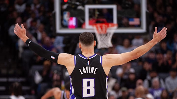 Mar 7, 2025; Sacramento, California, USA; Sacramento Kings guard Zach LaVine (8) reacts after a team mate scored against the San Antonio Spurs during the fourth quarter at Golden 1 Center. Mandatory Credit: Ed Szczepanski-Imagn Images
