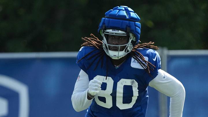 Indianapolis Colts tight end Jelani Woods (80) runs during training camp Tuesday, July 30, 2024, at Grand Park Sports Complex in Westfield. Indianapolis Colts tight end Jelani Woods (80) runs during training camp Tuesday, July 30, 2024, at Grand Park Sports Complex in Westfield.