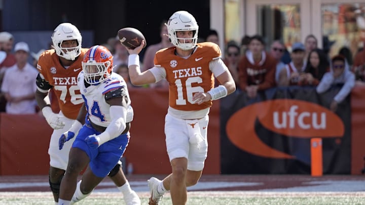 Nov 9, 2024; Austin, Texas, USA; Texas Longhorns quarterback Arch Manning (16) passes the ball during the second half against the Florida Gators at Darrell K Royal-Texas Memorial Stadium. Mandatory Credit: Scott Wachter-Imagn Images