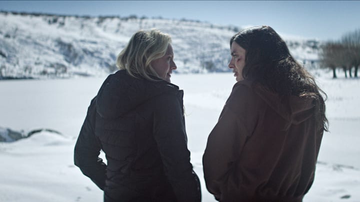 "THE VEIL" -- Pictured (L-R): Elisabeth Moss as Imogen Salter, Yumna Marwan as Adilah El Idrissi. CR: FX