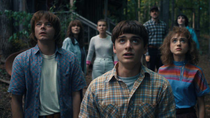 STRANGER THINGS. (L to R) Charlie Heaton as Jonathan Byers, Winona Ryder as Joyce Byers, Millie Bobby Brown as Eleven, Noah Schnapp as Will Byers, David Harbour as Jim Hopper, Natalia Dyer as Nancy Wheeler, and Finn Wolfhard as Mike Wheeler in STRANGER THINGS. Cr. Courtesy of Netflix © 2022