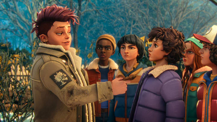 Stranger Things: Tales From '85. (L to R) Odessa A'zion as Nikki, Elisha Williams as Lucas, Luca Diaz as Mike, Brooklyn Davey Norstedt as Eleven, Jolie Hoang-Rappaport as Max and Braxton Quinney as Dustin in Stranger Things: Tales From '85. 