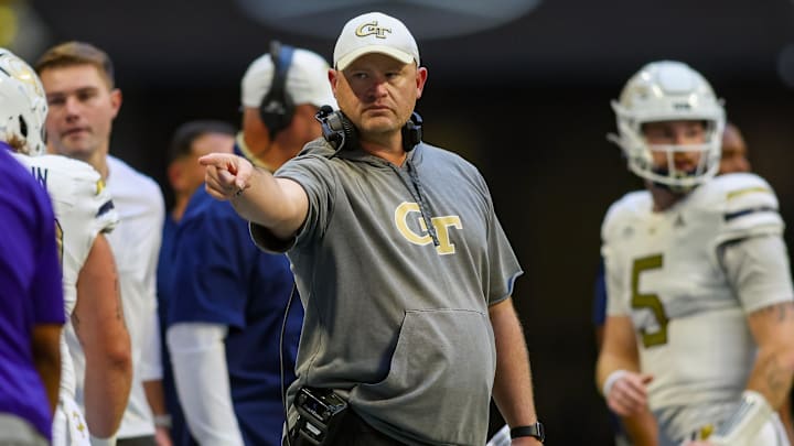 Oct 19, 2024; Atlanta, Georgia, USA; Georgia Tech Yellow Jackets head coach Brent Key on the sideline against the Notre Dame Fighting Irish in the first quarter at Mercedes-Benz Stadium. Mandatory Credit: Brett Davis-Imagn Images