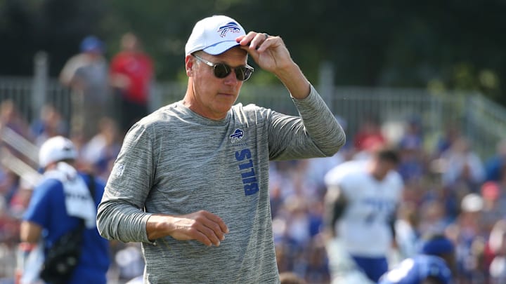 Bills offensive line coach Aaron Kromer watches his players warm up during day seven of the Buffalo Bills training camp at St. John Fisher University in Pittsford, Thursday, Aug. 1, 2024.