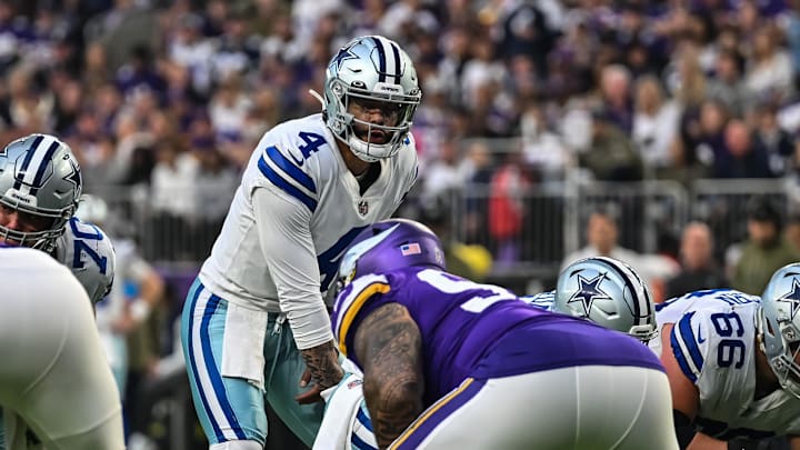 Dallas Cowboys quarterback Dak Prescott in action against the Minnesota Vikings during the game at U.S. Bank Stadium.