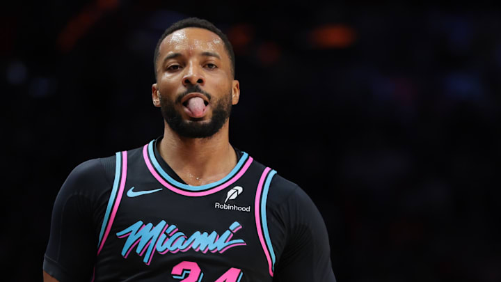 Jan 3, 2026; Miami, Florida, USA; Miami Heat guard Norman Powell (24) reacts after scoring against the Minnesota Timberwolves during the third quarter at Kaseya Center. Mandatory Credit: Sam Navarro-Imagn Images