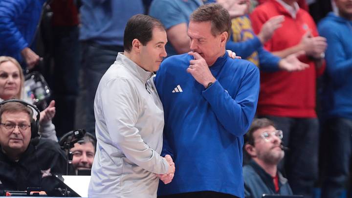 Kansas Jayhawks head coach Bill Self shakes hands with Baylor Bears head coach Scott Drew following the game inside Allen Fieldhouse on Jan. 16, 2026.