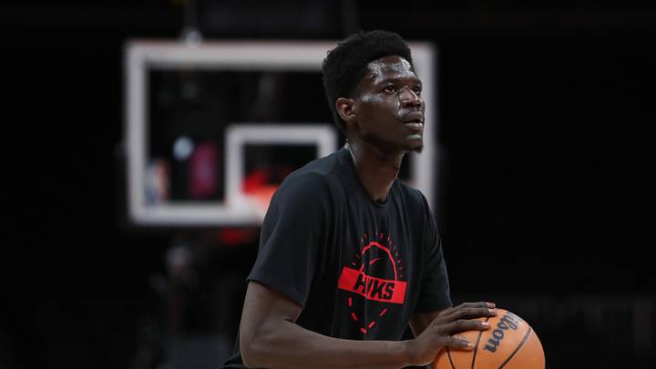 Mar 30, 2026; Atlanta, Georgia, USA; Atlanta Hawks forward Mouhamed Gueye (18) shoots before a game against the Boston Celtics at State Farm Arena. Mandatory Credit: Mady Mertens-Imagn Images