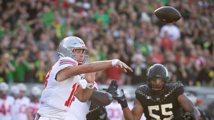 Ohio State Buckeyes quarterback Will Howard throws out a pass as the No. 3 Oregon Ducks host the No. 2 Ohio State Buckeyes Saturday, Oct. 12, 2024 at Autzen Stadium in Eugene, Ore.