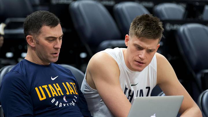 Dec 4, 2017; Salt Lake City, UT, USA; Utah Jazz forward Jonas Jerebko (right) reviews video with assistant coach Mike Wells prior to the game against the Washington Wizards at Vivint Smart Home Arena. Mandatory Credit: Russ Isabella-Imagn Images
