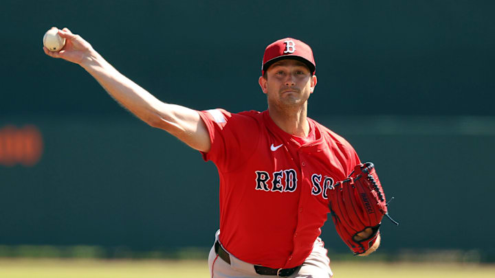 Boston Red Sox starting pitcher Garrett Whitlock (22) throws a pitch during the second inning against the Baltimore Orioles at Ed Smith Stadium in 2024.