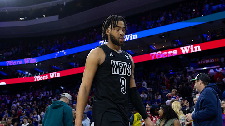 Apr 14, 2024; Philadelphia, Pennsylvania, USA; Brooklyn Nets forward Trendon Watford (9) walks off the court after a loss against the Philadelphia 76ers at Wells Fargo Center. Mandatory Credit: Bill Streicher-Imagn Images