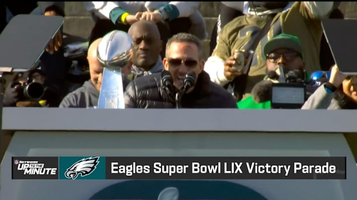 Howie Roseman gives his speech at the Philadelphia Eagles Super Bowl LIX parade