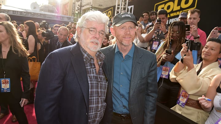 George Lucas and Ron Howard at the red carpet premiere of Disney Pictures and Lucasfilm's "Solo: A Star Wars Story"