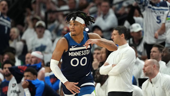 May 26, 2025; Minneapolis, Minnesota, USA; Minnesota Timberwolves guard Terrence Shannon Jr. (00) reacts against the Oklahoma City Thunder in the first half during game four of the western conference finals for the 2025 NBA Playoffs at Target Center. Mandatory Credit: Jesse Johnson-Imagn Images