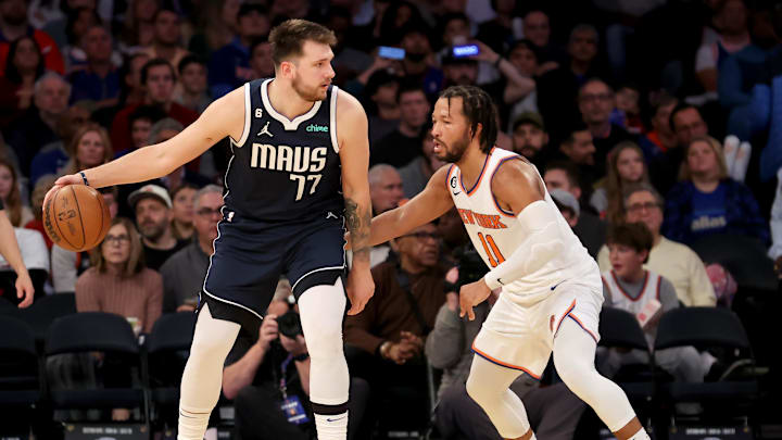 Dec 3, 2022; New York, New York, USA; Dallas Mavericks guard Luka Doncic (77) controls the ball against New York Knicks guard Jalen Brunson (11) during the third quarter at Madison Square Garden. Mandatory Credit: Brad Penner-USA TODAY Sports