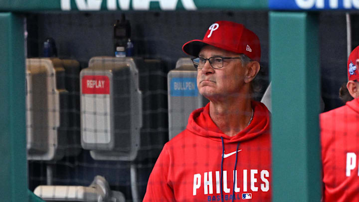 Philadelphia Phillies interim manager Don Mattingly (8) in the dugout before start of game against the San Francisco Giants.