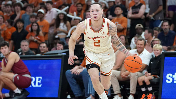 Texas Longhorns guard Chendall Weaver (2) drives the ball to the basket against the Rider Broncs during the first half at Moody Center. Mandatory Credit: Dustin Safranek-Imagn Images
