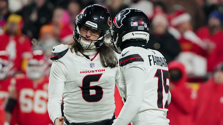 Dec 7, 2025; Kansas City, Missouri, USA; Houston Texans punter Tommy Townsend (6) and Houston Texans place kicker Ka'Imi Fairbairn (15) celebrate after a made field goal during the first quarter against the Kansas City Chiefs at GEHA Field at Arrowhead Stadium. Mandatory Credit: Denny Medley-Imagn Images