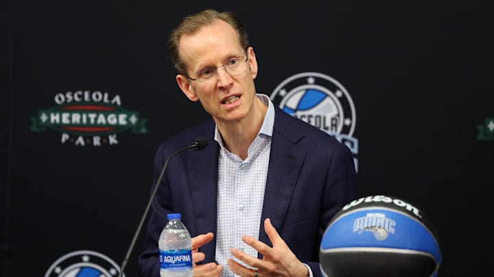 Orlando Magic president of basketball operations Jeff Weltman speaks during a press conference for the new Orlando Magic G-League stadium at Osceola Heritage Park. Mandatory Credit: Nathan Ray Seebeck-Imagn Images