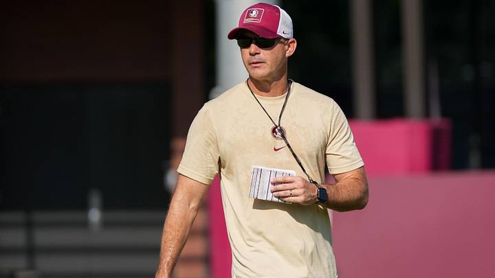 Florida State head coach Mike Norvell watches as players put in work during practice with the first home game just a few weeks away, Thursday, Aug. 13, 2026. Florida State head coach Mike Norvell watches as players put in work during practice with the first home game just a few weeks away, Thursday, Aug. 13, 2026.