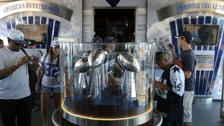 Vince Lombardi trophies on display at Dallas Cowboys training camp at River Ridge Field. 