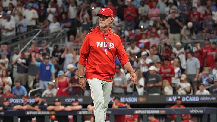 Oct 1, 2026; Cumberland, Georgia, USA; Philadelphia Phillies Don Mattingly (8) walks to the dugout after removing starting pitcher Aaron Nola (not pictured) from the game against the Atlanta Braves during the second inning in game three of the Wildcard round for the 2026 MLB Playoffs at Truist Field. Mandatory Credit: Dale Zanine-Imagn Images Oct 1, 2026; Cumberland, Georgia, USA; Philadelphia Phillies Don Mattingly (8) walks to the dugout after removing starting pitcher Aaron Nola (not pictured) from the game against the Atlanta Braves during the second inning in game three of the Wildcard round for the 2026 MLB Playoffs at Truist Field. Mandatory Credit: Dale Zanine-Imagn Images