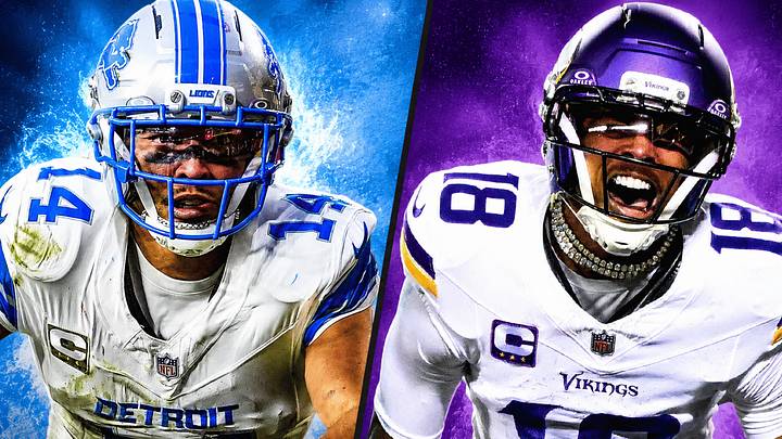 Detroit Lions WR Amon-Ra St. Brown (L) and Minnesota Vikings WR Justin Jefferson (R) Detroit Lions WR Amon-Ra St. Brown (L) and Minnesota Vikings WR Justin Jefferson (R)