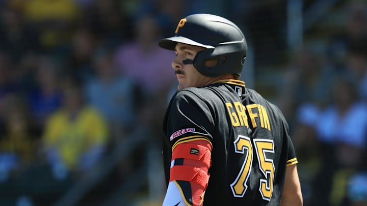 Mar 21, 2026; Bradenton, Florida, USA;  Pittsburgh Pirates infielder Konnor Griffin (75)  at bat during the fourth inning against the Toronto Blue Jays at LECOM Park. Mandatory Credit: Kim Klement Neitzel-Imagn Images