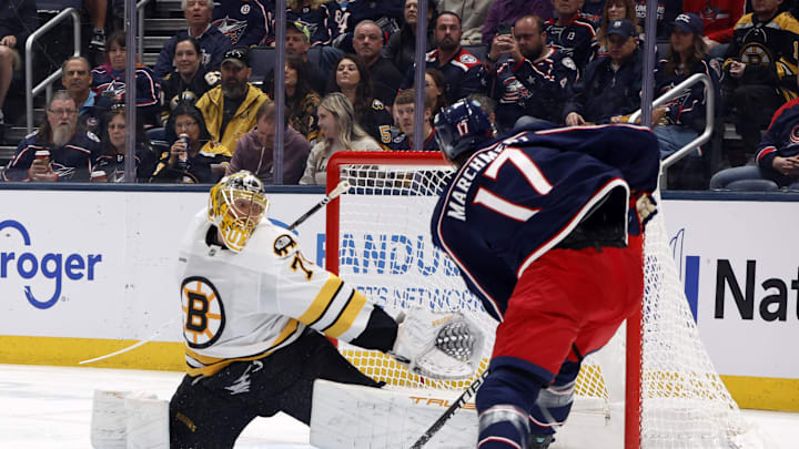 Apr 12, 2026; Columbus, Ohio, USA; Columbus Blue Jackets left wing Mason Marchment (17) scores a goal against Boston Bruins goalie Joonas Korpisalo (70) during the first period at Nationwide Arena. Mandatory Credit: Russell LaBounty-Imagn Images Apr 12, 2026; Columbus, Ohio, USA; Columbus Blue Jackets left wing Mason Marchment (17) scores a goal against Boston Bruins goalie Joonas Korpisalo (70) during the first period at Nationwide Arena. Mandatory Credit: Russell LaBounty-Imagn Images