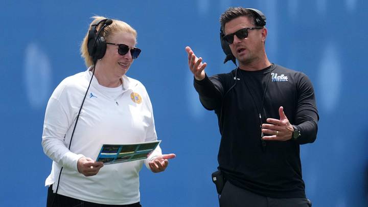 May 2, 2026; Pasadena, CA, USA; UCLA Bruins coach Bob Chesney (right) with women's basketball coach Cori Close during the spring game at Rose Bowl. Mandatory Credit: Kirby Lee-Imagn Images May 2, 2026; Pasadena, CA, USA; UCLA Bruins coach Bob Chesney (right) with women's basketball coach Cori Close during the spring game at Rose Bowl. Mandatory Credit: Kirby Lee-Imagn Images