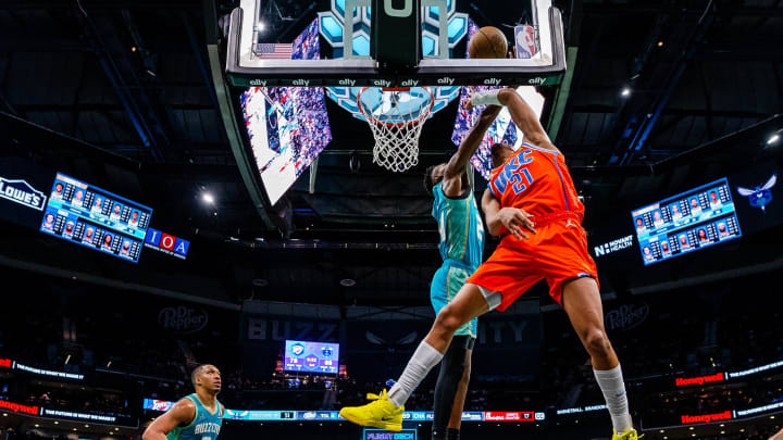 Apr 7, 2024; Charlotte, North Carolina, USA; Charlotte Hornets forward Brandon Miller (24) blocks Apr 7, 2024; Charlotte, North Carolina, USA; Charlotte Hornets forward Brandon Miller (24) blocks