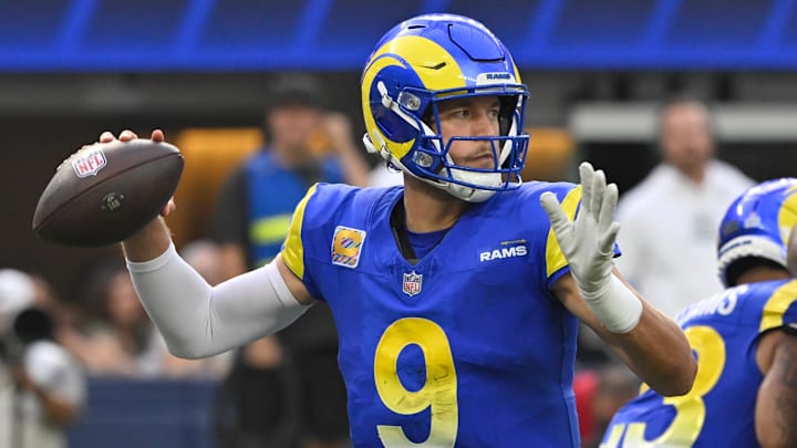 Oct 6, 2024; Inglewood, California, USA; Los Angeles Rams quarterback Matthew Stafford (9) throws a pass during the third quarter against the Green Bay Packers at SoFi Stadium. Mandatory Credit: Robert Hanashiro-Imagn Images