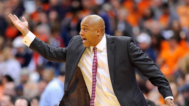 Nov 8, 2013; Syracuse, NY, USA; Cornell Big Red head coach Bill Courtney reacts to a call against the Syracuse Orange during the first half at Carrier Dome.  Mandatory Credit: Rich Barnes-Imagn Images