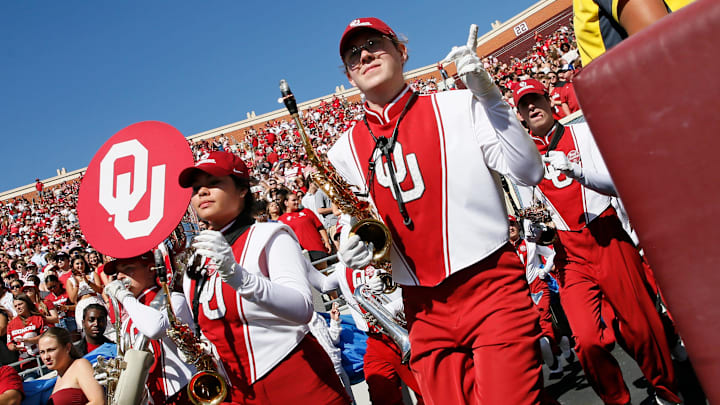 The Pride of Oklahoma takes the field before an NCAA football game between the Oklahoma Sooners (OU) and Kent State Golden Flashes at Gaylord Family - Oklahoma Memorial Stadium in Norman, Okla., Saturday, Oct. 4, 2025.