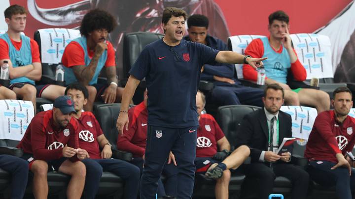 Sep 6, 2025; Harrison, New Jersey, USA; US Men's National Team head coach Mauricio Pochettino reacts during the first half against South Korea at Sports Illustrated Stadium. Mandatory Credit: Vincent Carchietta-Imagn Images