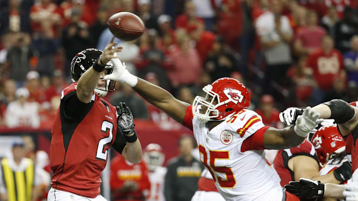 Dec 4, 2016; Atlanta, GA, USA; Atlanta Falcons quarterback Matt Ryan (2) throws the ball as from Kansas City Chiefs defensive end Chris Jones (95) defends in the first quarter of their game at the Georgia Dome. Mandatory Credit: Jason Getz-Imagn Images Dec 4, 2016; Atlanta, GA, USA; Atlanta Falcons quarterback Matt Ryan (2) throws the ball as from Kansas City Chiefs defensive end Chris Jones (95) defends in the first quarter of their game at the Georgia Dome. Mandatory Credit: Jason Getz-Imagn Images