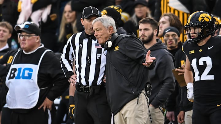 Oct 25, 2025; Iowa City, Iowa, USA; Iowa Hawkeyes head coach Kirk Ferentz reacts after a call during the fourth quarter against the Minnesota Golden Gophers at Kinnick Stadium. Mandatory Credit: Jeffrey Becker-Imagn Images Oct 25, 2025; Iowa City, Iowa, USA; Iowa Hawkeyes head coach Kirk Ferentz reacts after a call during the fourth quarter against the Minnesota Golden Gophers at Kinnick Stadium. Mandatory Credit: Jeffrey Becker-Imagn Images