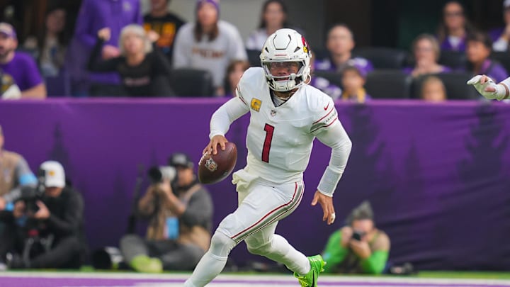 Dec 1, 2024; Minneapolis, Minnesota, USA; Arizona Cardinals quarterback Kyler Murray (1) scrambles against the Minnesota Vikings in the second quarter at U.S. Bank Stadium. Mandatory Credit: Brad Rempel-Imagn Images Dec 1, 2024; Minneapolis, Minnesota, USA; Arizona Cardinals quarterback Kyler Murray (1) scrambles against the Minnesota Vikings in the second quarter at U.S. Bank Stadium. Mandatory Credit: Brad Rempel-Imagn Images