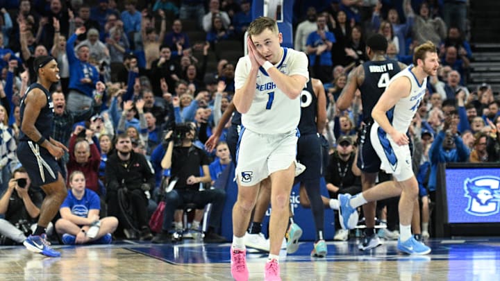 Jan 29, 2025; Omaha, Nebraska, USA; Creighton Bluejays guard Steven Ashworth (1) celebrates after makiing a three point basket against the Xavier Musketeers during the second half at CHI Health Center Omaha. Mandatory Credit: Steven Branscombe-Imagn Images Jan 29, 2025; Omaha, Nebraska, USA; Creighton Bluejays guard Steven Ashworth (1) celebrates after makiing a three point basket against the Xavier Musketeers during the second half at CHI Health Center Omaha. Mandatory Credit: Steven Branscombe-Imagn Images